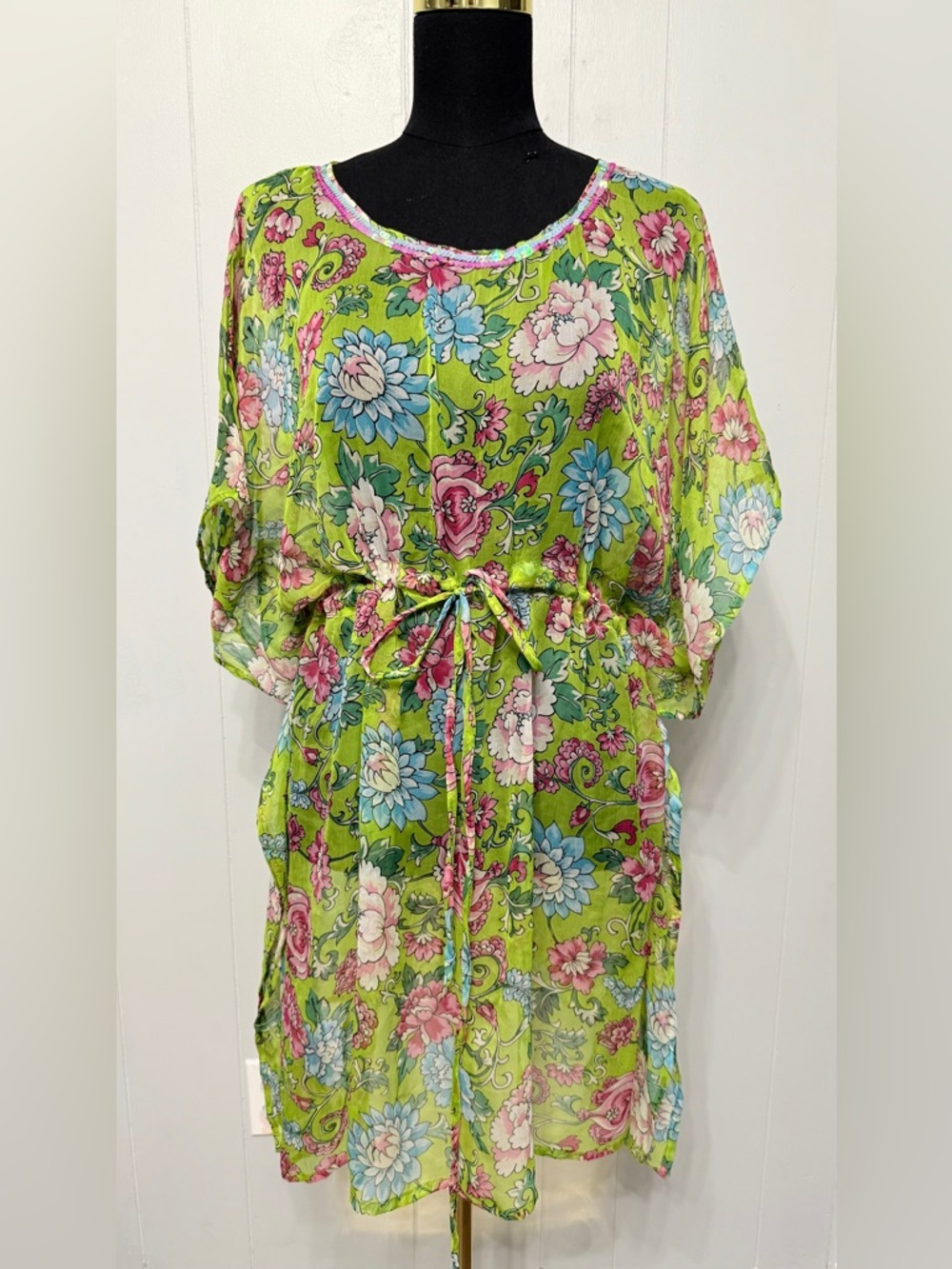 Floral Tie-Waist Sheer Tunic Top - Lime Green